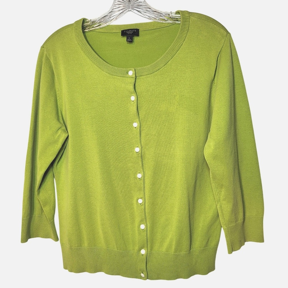 Talbots Lime Green‎ Cotton Blend Button Front Cardigan Sweater Petite Large Work